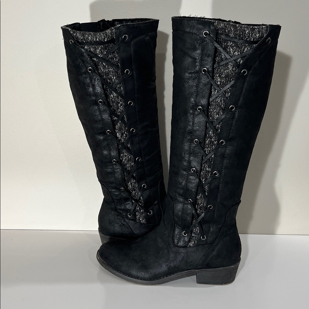 Black Riding Boots w/Corset Trim & Sweater Detail Sz 9.5